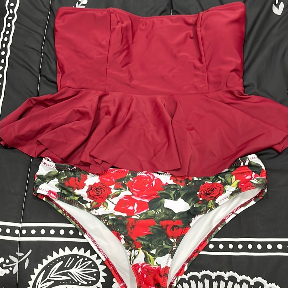 Swimwear Set in Red and Floral Design
